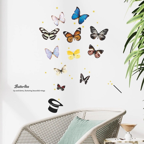 Adesivi Murali Farfalle Magiche Farfalle Colorate Cappello Magico Decalcomanie in PVC Rimovibili Decorazioni per Camera Letto