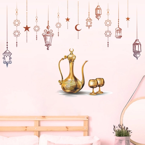 Goldene Ramadan Wandaufkleber Islamische Mond Stern Laterne Dallah Teekanne Design Abnehmbare PVC Wandtattoos Für Schlafzimmer Eid Mubarak Dekor