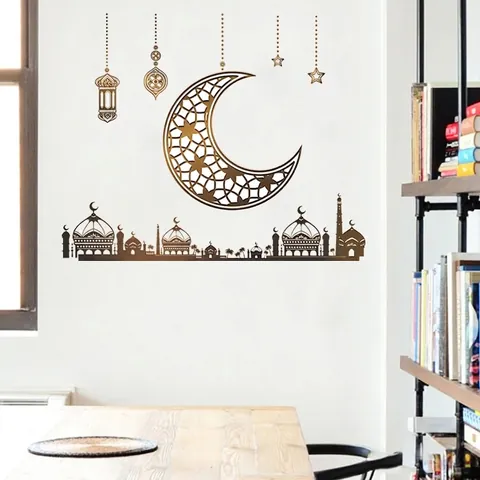 Pegatinas de Pared de Ramadán Luna Estrellas Linterna Mezquita Eid Mubarak Calcomanías de PVC Estilo Islámico Decoración de Hogar