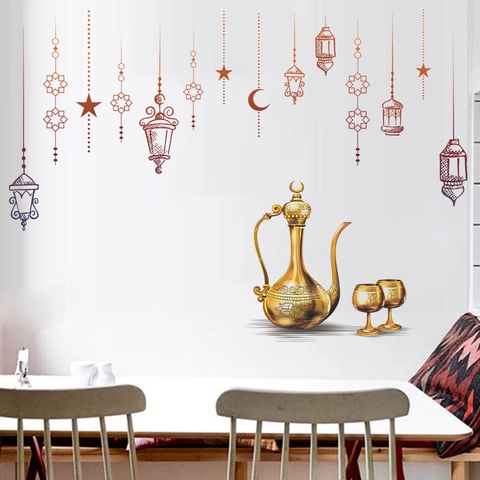 Goldene Ramadan Wandaufkleber Islamische Mond Stern Laterne Dallah Teekanne Design Abnehmbare PVC Wandtattoos Für Schlafzimmer Eid Mubarak Dekor