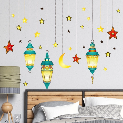 Ramadan Eid Wandsticker Grüne Hängende Laternen Halbmond Stern Abnehmbare PVC Wandtattoos Für Wohnzimmer Schlafzimmer Deko
