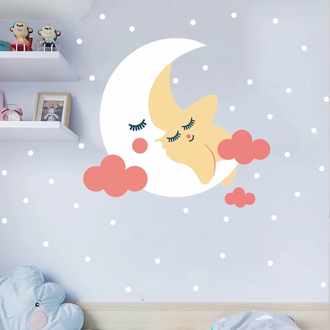 Cartoon Sleeping Moon Star Clouds Wall Sticker Removable PVC Decal For Kids Room Nursery Bedroom Decoration Home Wall Art