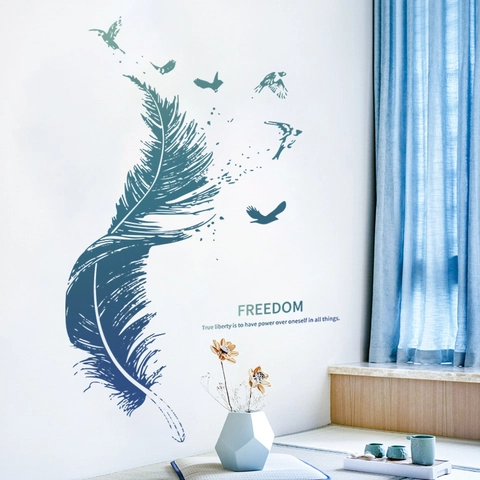 Pegatina de Pared de Pluma Azul y Pájaros Voladores de PVC Mural Removible Calcomanía de Arte Cita Libertad para Decoración Hogar