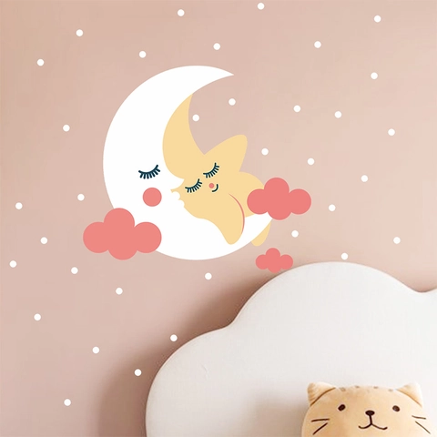 Cartoon Sleeping Moon Star Clouds Wall Sticker Removable PVC Decal For Kids Room Nursery Bedroom Decoration Home Wall Art