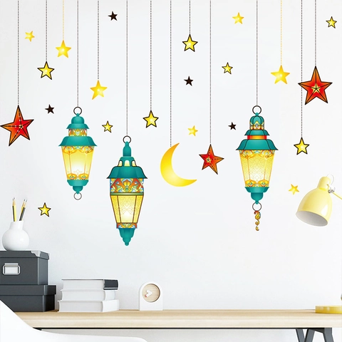 Ramadan Eid Wandsticker Grüne Hängende Laternen Halbmond Stern Abnehmbare PVC Wandtattoos Für Wohnzimmer Schlafzimmer Deko