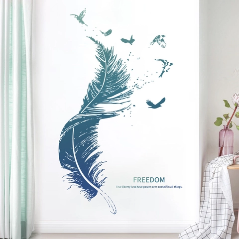Pegatina de Pared de Pluma Azul y Pájaros Voladores de PVC Mural Removible Calcomanía de Arte Cita Libertad para Decoración Hogar