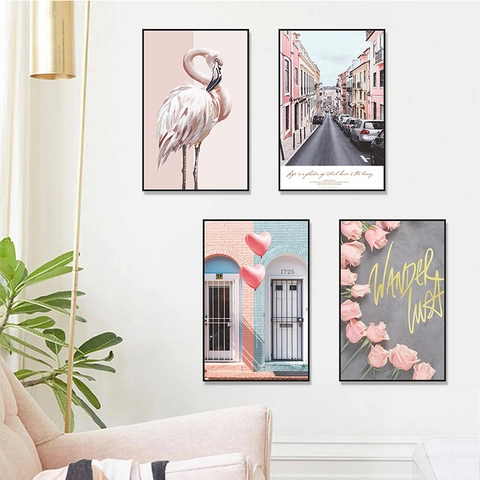 Adesivo da Parete Nordic Flamingo Rosa Paesaggio Urbano Motivo Cornice per Foto Finta Decalcomania Decorativa in PVC per Soggiorno Camera da Letto