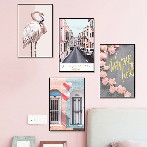 Adesivo da Parete Nordic Flamingo Rosa Paesaggio Urbano Motivo Cornice per Foto Finta Decalcomania Decorativa in PVC per Soggiorno Camera da Letto