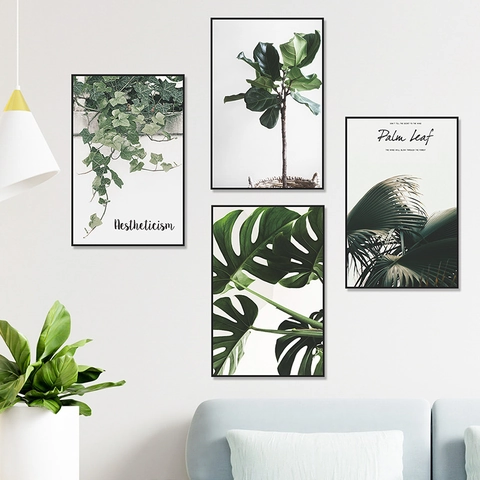 Pegatinas de Pared de Hojas Verdes Tropicales de Estilo Nórdico Minimalista Marco Rectangular de PVC para Decoración de Dormitorio
