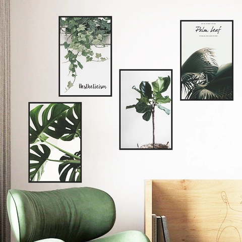 Pegatinas de Pared de Hojas Verdes Tropicales de Estilo Nórdico Minimalista Marco Rectangular de PVC para Decoración de Dormitorio