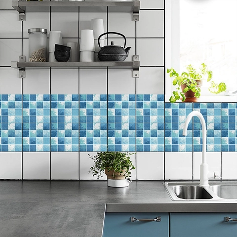 Stickers de Carrelage Mosaïque Bleue Texture Marbre Imperméable PVC Auto-adhésif Décalcomanies Murales Pour Cuisine Salle de Bain Rénovation Décoration de Maison