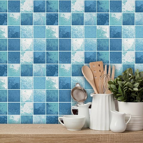 Stickers de Carrelage Mosaïque Bleue Texture Marbre Imperméable PVC Auto-adhésif Décalcomanies Murales Pour Cuisine Salle de Bain Rénovation Décoration de Maison
