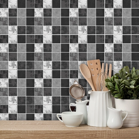 Adesivi per Piastrelle a Mosaico Grigio Nero Bianco Industriale Rétro in PVC Impermeabile Autoadesivo per Cucina Bagno Decorazione Casa