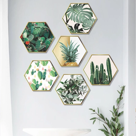 Nordic Hexagon Tropical Plant PVC Wall Stickers Gold Frame Look Cactus Monstera Pineapple Decor For Living Room Bedroom