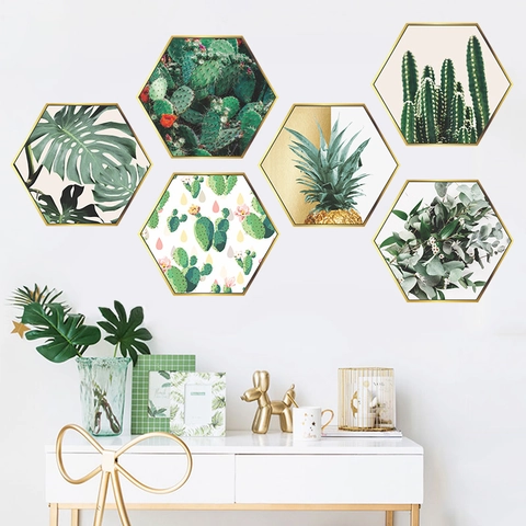 Nordic Hexagon Tropical Plant PVC Wall Stickers Gold Frame Look Cactus Monstera Pineapple Decor For Living Room Bedroom