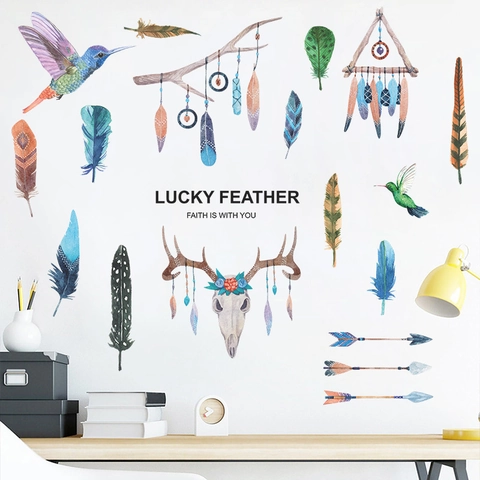 Pegatinas de Pared de Pluma de Acuarela Bohemio PVC DIY Colibrí Atrapasueños Cabeza de Ciervo Decoración Hogar para Dormitorio Sala