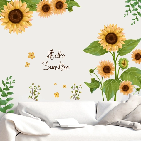 Hello Sunshine Sunflower Wall Stickers Removable PVC Pastoral Floral Wall Decals For Living Room Bedroom Warm Home Decor