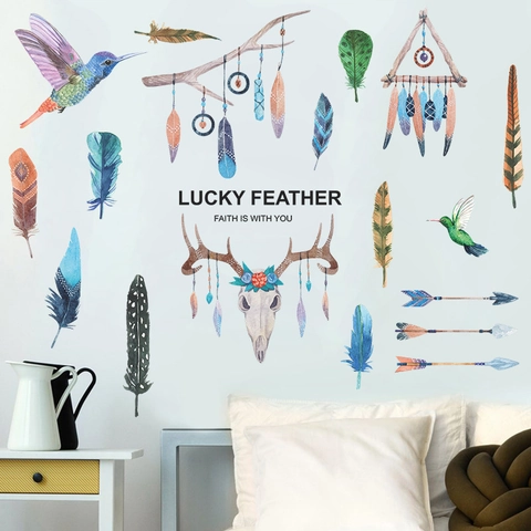 Pegatinas de Pared de Pluma de Acuarela Bohemio PVC DIY Colibrí Atrapasueños Cabeza de Ciervo Decoración Hogar para Dormitorio Sala