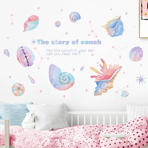 Watercolor Conch Shell Star Wall Stickers For Kids Room Nursery Decor Ocean Theme PVC Removable Self-Adhesive Wall Decals