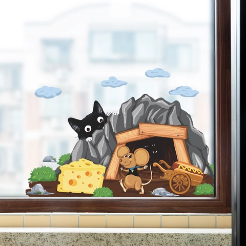 Pegatina de Pared de Agujero de Ratón de Gato de Dibujos Animados Calcomanía de PVC Para Habitación de Niños Baño Inodoro