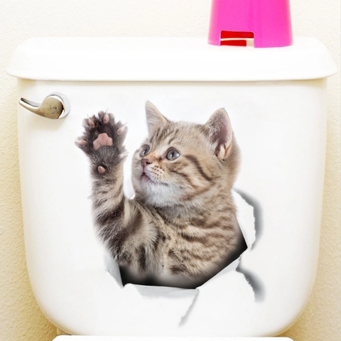 3D Realistic Cute Cat Wall Stickers Waterproof PVC Removable Broken Hole Kitten Decal For Toilet Bathroom Fridge DIY Decor