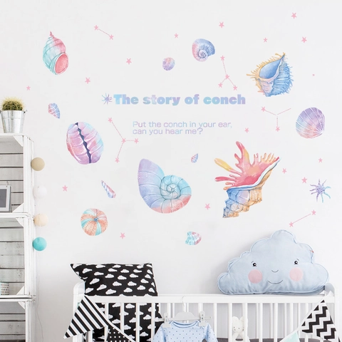 Watercolor Conch Shell Star Wall Stickers For Kids Room Nursery Decor Ocean Theme PVC Removable Self-Adhesive Wall Decals