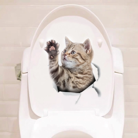 3D Realistic Cute Cat Wall Stickers Waterproof PVC Removable Broken Hole Kitten Decal For Toilet Bathroom Fridge DIY Decor