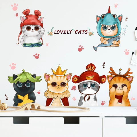 Adesivi Murali Gatti Cartoni Animati PVC Fai da te Decalcomanie Animali per Cameretta Bambini Camera Letto Lovely Cats