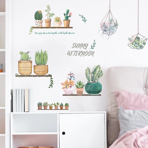 Pastoral Watercolor Cactus Succulent Potted Plant Wall Stickers Removable PVC Self-Adhesive Mural For Home Bedroom Living Room Decor