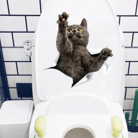 Stickers Muraux 3D Chat British Shorthair Réaliste Effet Trou Créatif PVC Imperméable Décalcomanie pour Toilette Frigo Auto Maison