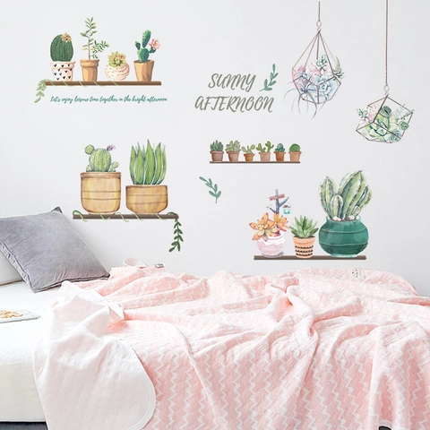 Pastoral Watercolor Cactus Succulent Potted Plant Wall Stickers Removable PVC Self-Adhesive Mural For Home Bedroom Living Room Decor