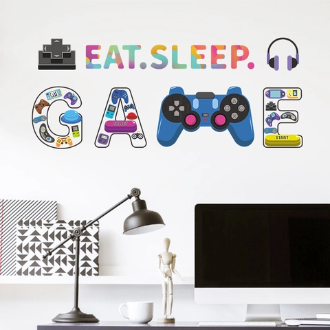 Printed Eat Sleep Game Wall Sticker Boys Room Game Controller Decal Gaming Zone Decor PVC Removable Self Adhesive Poster
