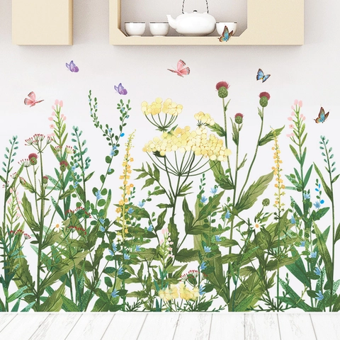 Adesivo Murale per Battiscopa con Farfalle e Fiori Pastorali Decalcomanie Murali in PVC Rimovibili per Soggiorno Camera da Letto