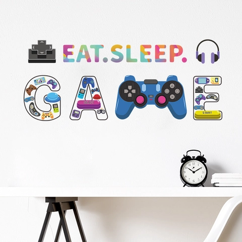 Printed Eat Sleep Game Wall Sticker Boys Room Game Controller Decal Gaming Zone Decor PVC Removable Self Adhesive Poster