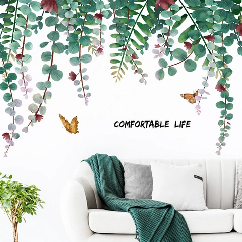 Nordische Stijl Eucalyptusbladeren Muursticker Met Vlinder Bloem Patronen PVC Zelfklevende Decoratie Voor Woonkamer Slaapkamer