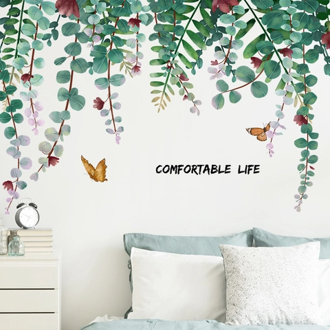 Nordische Stijl Eucalyptusbladeren Muursticker Met Vlinder Bloem Patronen PVC Zelfklevende Decoratie Voor Woonkamer Slaapkamer