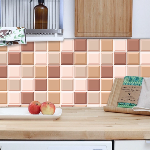 3D Mosaic Simulated Tile Sticker Self Adhesive Waterproof PVC Wall Decal For Kitchen Bathroom Home Renovation Orange Grid Pattern Decor