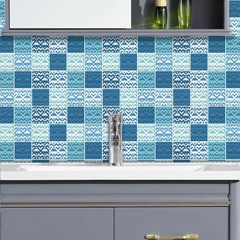 Adesivi per Piastrelle Geometrici Blu PVC Impermeabile Autoadesivi per Parete Cucina Bagno Casa Adesivi a Griglia Opaca
