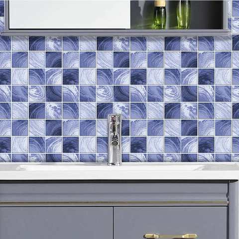 Stickers Carrelage Auto-adhésifs Modernes en PVC Texture Marbre Violet Bleu Mosaïque Imperméable Stickers Muraux pour Cuisine Salle de Bain