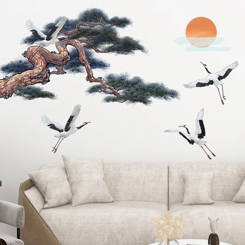Chinese Style Ink Wash Wall Sticker Sun Pine Tree Flying Cranes Landscape Removable PVC Decal Living Room Sofa Background