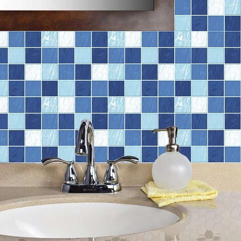 Pegatinas De Azulejos De Mosaico De Rejilla Azul Impermeable PVC Autoadhesivas Calcomanías De Pared Para Cocina Baño Decoración
