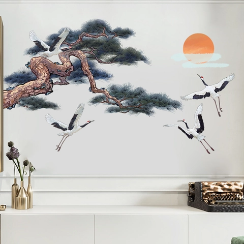 Chinese Style Ink Wash Wall Sticker Sun Pine Tree Flying Cranes Landscape Removable PVC Decal Living Room Sofa Background