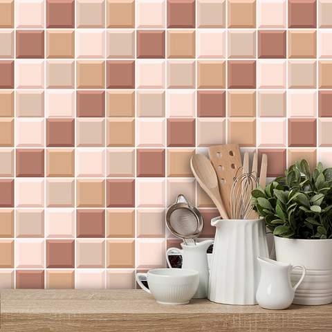 3D Mosaic Simulated Tile Sticker Self Adhesive Waterproof PVC Wall Decal For Kitchen Bathroom Home Renovation Orange Grid Pattern Decor