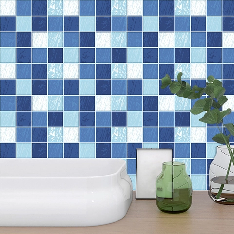 Pegatinas De Azulejos De Mosaico De Rejilla Azul Impermeable PVC Autoadhesivas Calcomanías De Pared Para Cocina Baño Decoración
