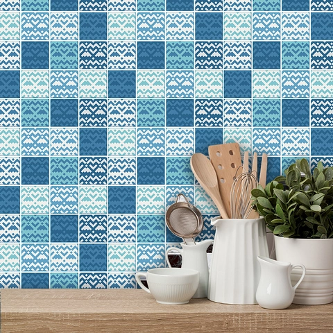Adesivi per Piastrelle Geometrici Blu PVC Impermeabile Autoadesivi per Parete Cucina Bagno Casa Adesivi a Griglia Opaca