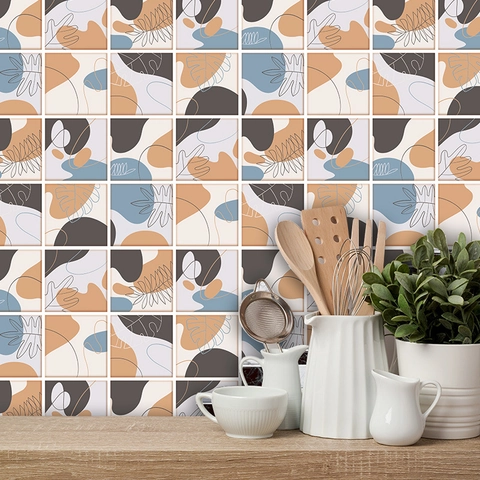 Abstract Geometric Floral Tile Stickers Self Adhesive Waterproof PVC Wall Decals For Kitchen Bathroom Home Decor Art Mural