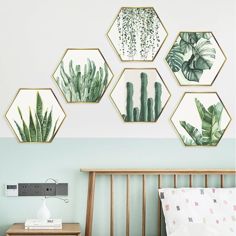 Pegatinas de Pared de Marco de Fotos Hexagonal de Plantas Verdes Tropicales Papel Pintado Decorativo de PVC Nórdico Para Dormitorio