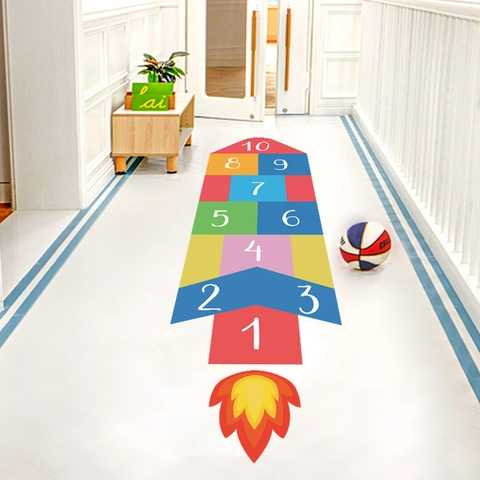 Cartoon Rocket Hopscotch Floor Sticker Colorful Number One To Ten PVC Game Mat Decal For Kids Room Nursery Kindergarten Decor