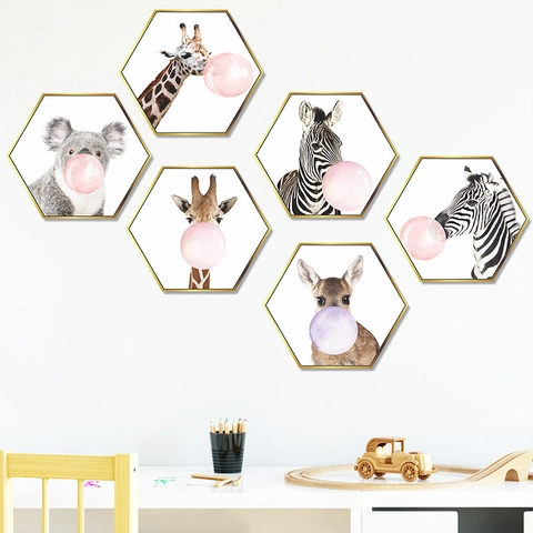 Modern PVC Hexagon Animal Bubble Blowing Wall Stickers For Kids Room Bedroom Zebra Giraffe Koala Deer Home Decor Wall Decals