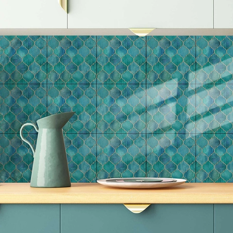 Adesivi Murali per Piastrelle Stile Marocchino Scaglie di Pesce Verde Scuro Bordo Oro Impermeabili Autoadesivi per Cucina